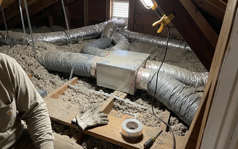 Attic ductwork with flex duct runs and insulation