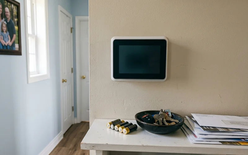 Blank thermostat screen with batteries on a nearby shelf