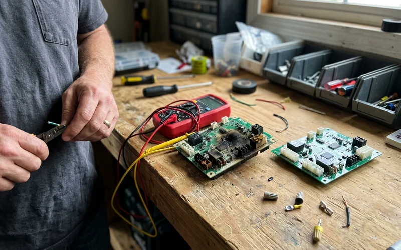 Surge-damaged control board next to a new replacement board