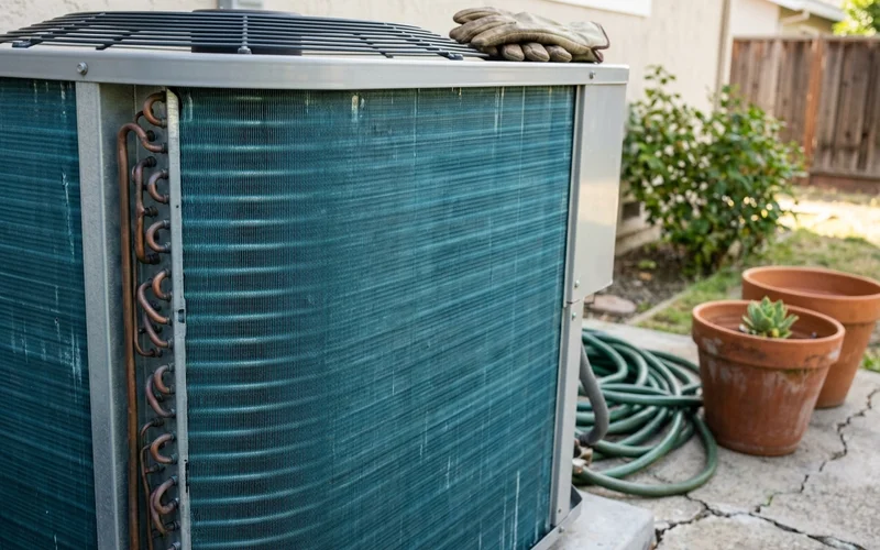 Close-up of a coated condenser coil with a blue-green protective finish