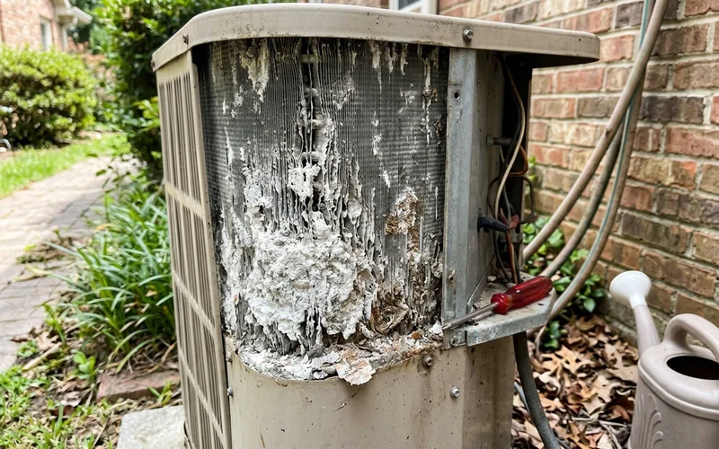 Corroded condenser coil fins with salt crust