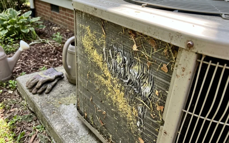 Dirty outdoor condenser coil fins clogged with pollen and debris