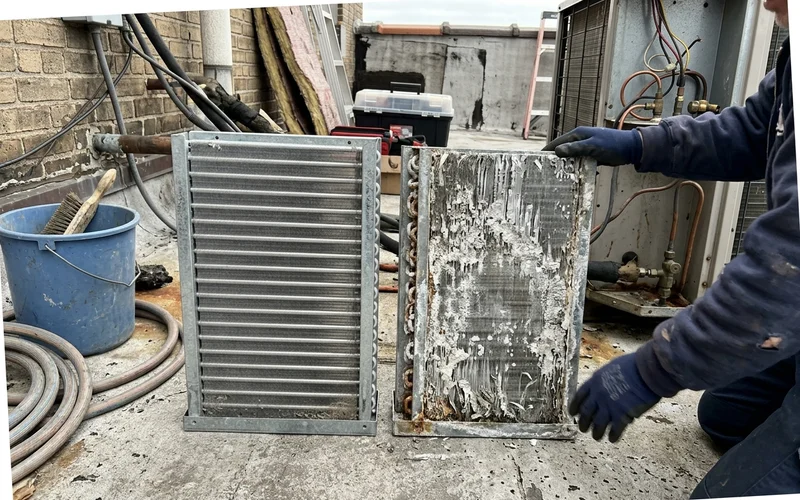 Clean inland condenser coil beside a salt-pitted coastal coil