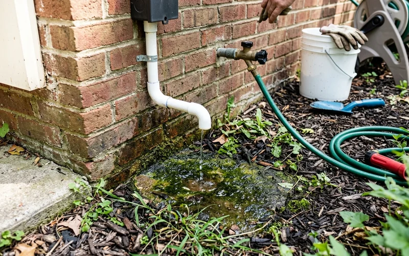 Condensate line dripping outside near a foundation with green algae