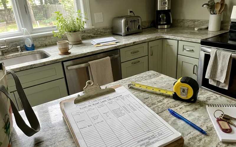 Manual J load calculation worksheet on a kitchen counter beside a tape measure