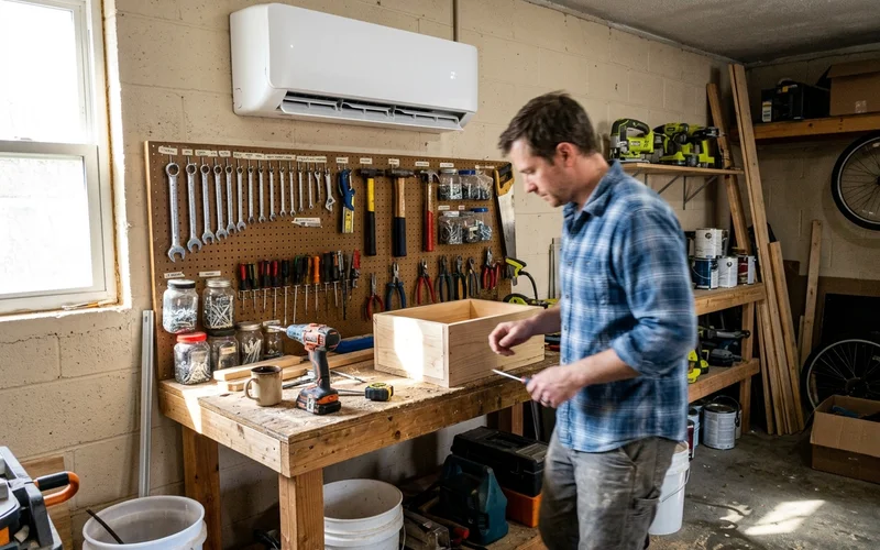 Converted garage workshop with a ductless unit above the workbench