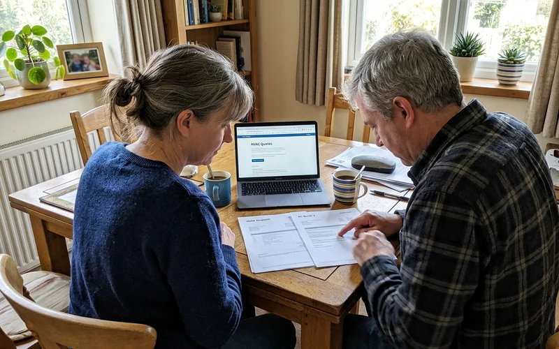 Couple comparing two printed estimates at a dining table