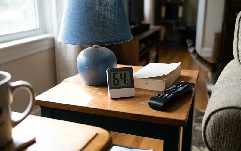 Hygrometer showing high indoor humidity in a cool living room