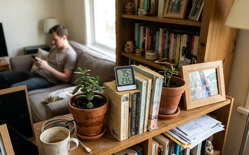 Digital hygrometer showing high humidity on a bookshelf