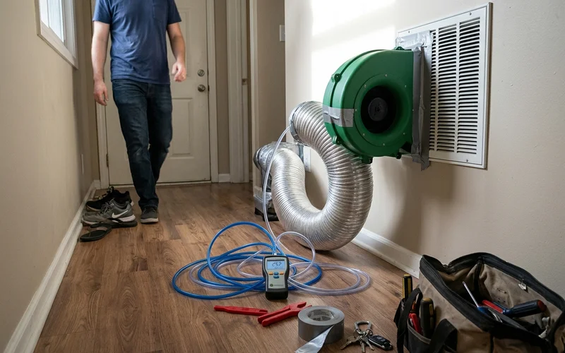 Duct leakage test fan attached to a return grille with a gauge