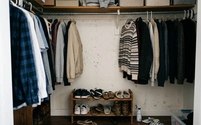 Early mold spots on a closet wall behind hanging clothes