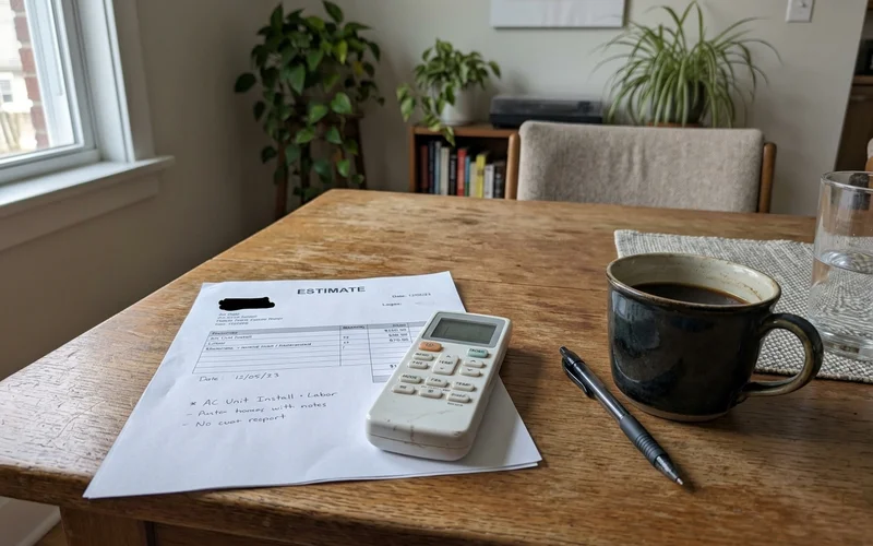 Estimate paperwork beside a mini-split remote on a table