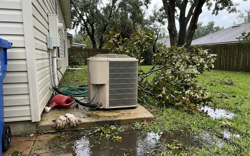 Fallen branches beside an outdoor condenser after a storm