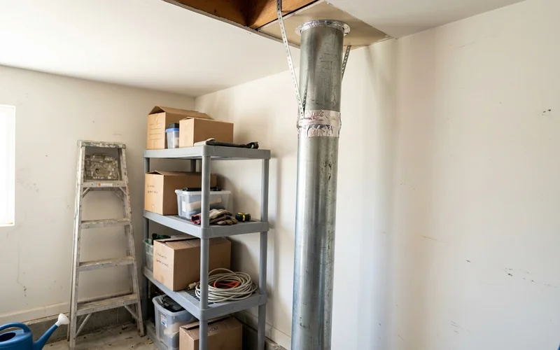 Furnace exhaust vent pipe running up through a garage ceiling