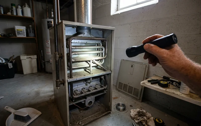 Furnace heat exchanger inspection with a flashlight, panel removed