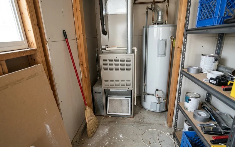 Gas furnace in a garage closet with the filter slot visible