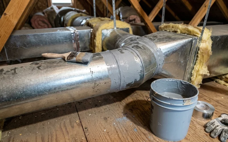 Gray mastic sealant brushed over a sheet-metal duct joint