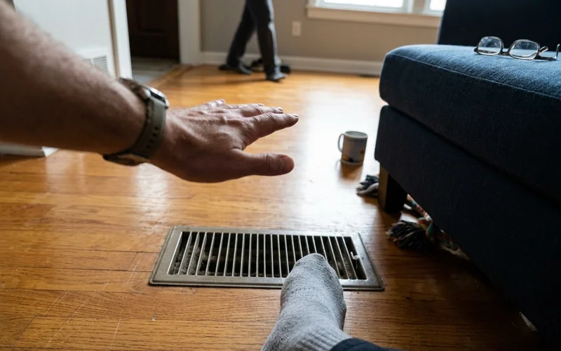 Hand in front of a floor register feeling lukewarm air