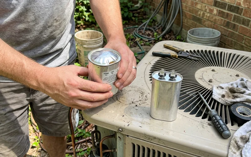 A swollen dual run capacitor next to a new replacement part