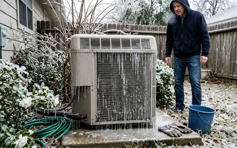 Heat pump coil encased in thick ice after freezing rain