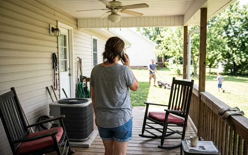 Homeowner on a shaded back porch making a phone call with the outdoor AC unit nearby