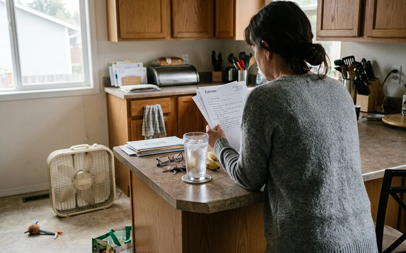 Homeowner reading a repair estimate at a kitchen counter with a fan running