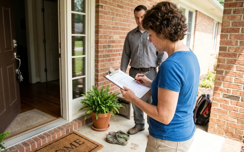 Homeowner reviewing a written repair estimate at the front door