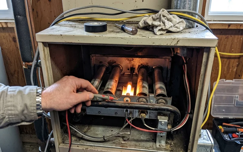 Hot surface igniter glowing orange inside a gas furnace