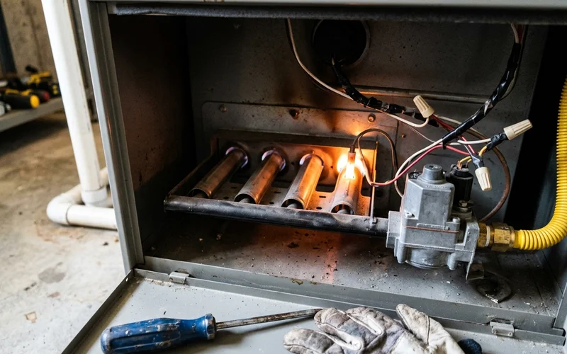 Hot surface igniter glowing orange inside a furnace burner