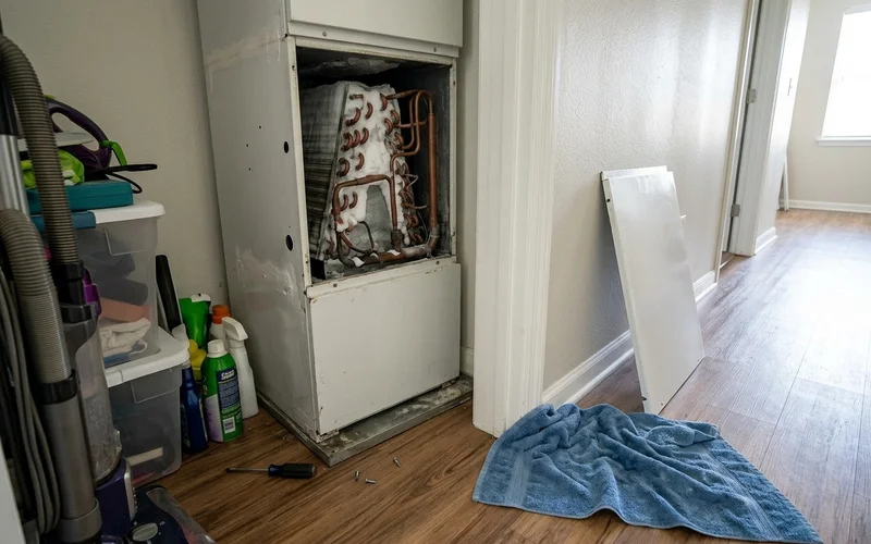 Indoor evaporator coil coated in ice behind an open air handler panel