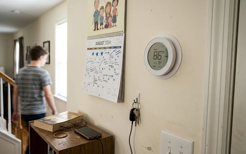 Thermostat display reading 86 degrees on a hallway wall