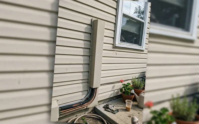 Insulated line set running up an exterior wall in a cover