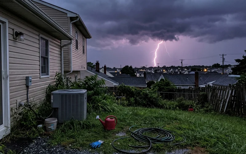 Lightning storm over Eastern Shore rooftops with an outdoor AC unit in the foreground
