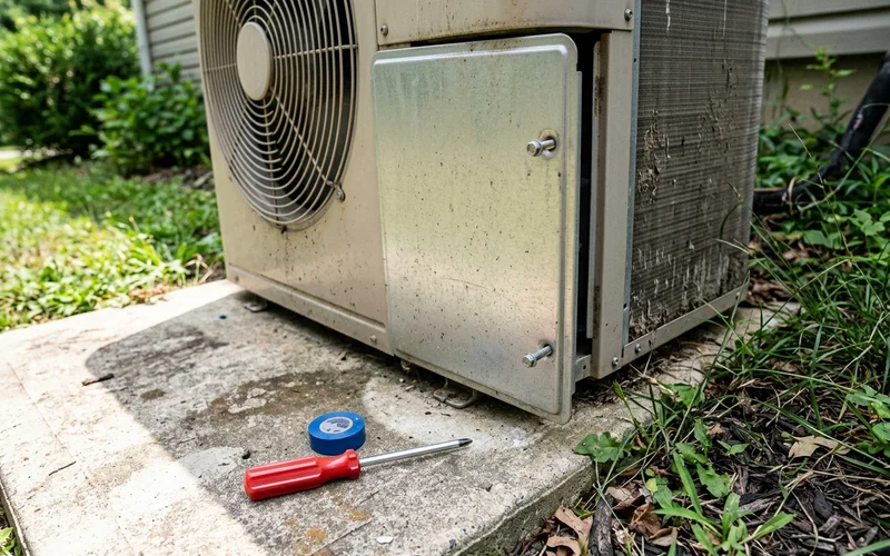 Loose access panel on the side of an outdoor condenser