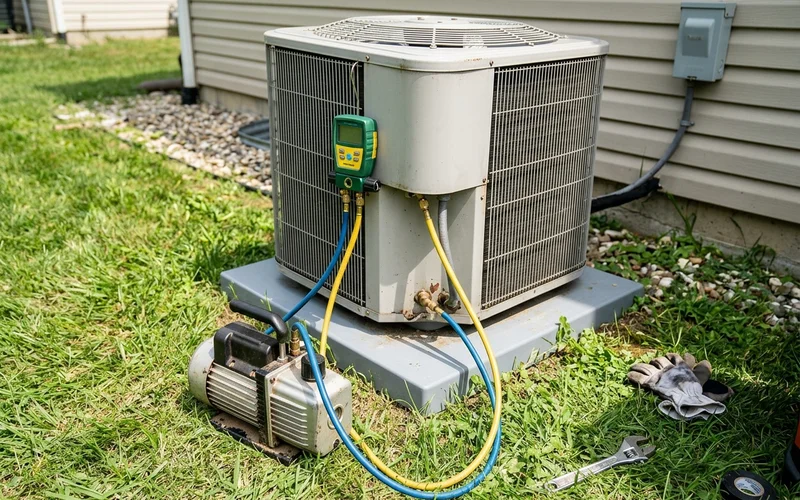 Micron gauge and vacuum pump connected at an outdoor unit