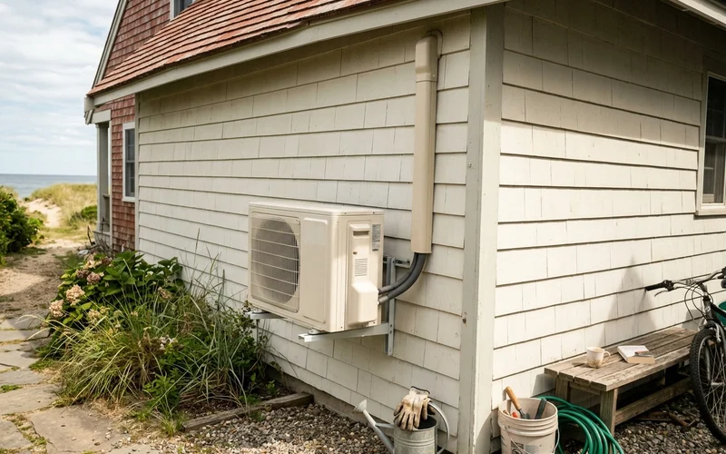Mini-split outdoor unit on wall brackets with a covered line set