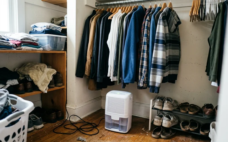 Musty closet with a small portable dehumidifier running