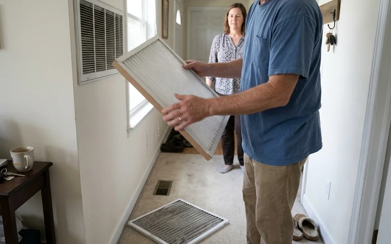 New air filter being slid into a return grille in a hallway