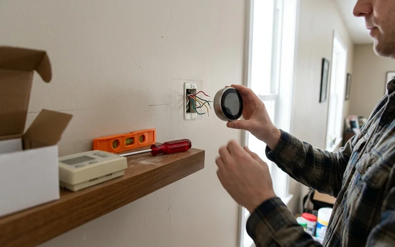 New thermostat being mounted on a hallway wall