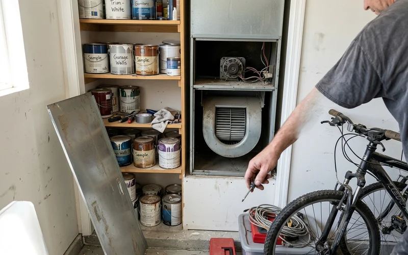 Open indoor air handler cabinet showing the blower wheel and motor
