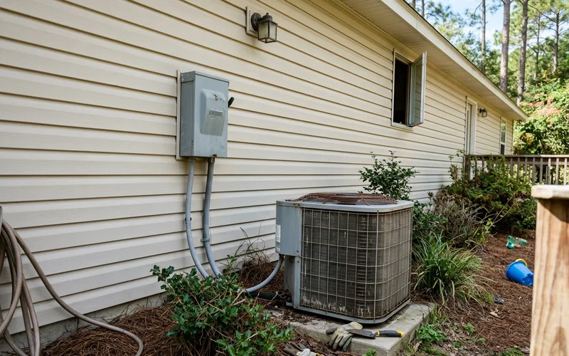 Outdoor AC disconnect box mounted on siding next to the condenser