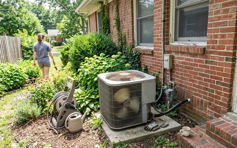 Outdoor condenser beside a brick ranch home with the fan running in summer glare