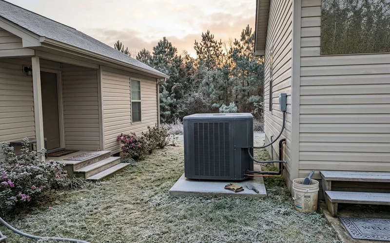 Outdoor heat pump on a frosty winter morning in Alabama