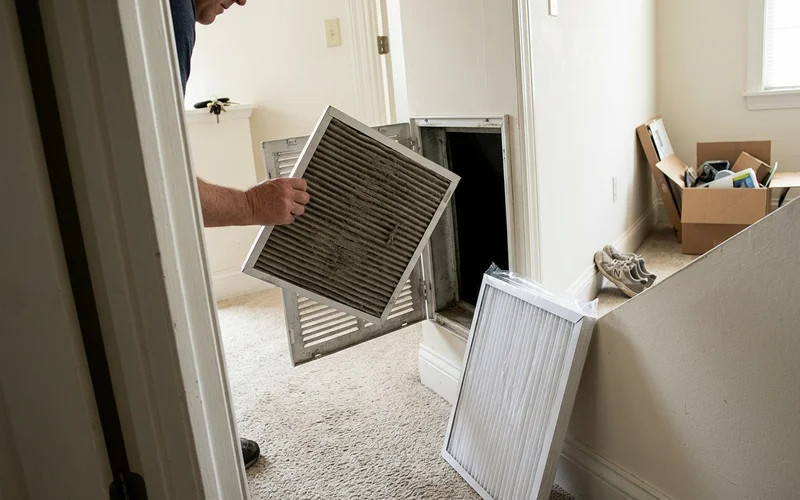 Clogged pleated air filter next to a return air grille
