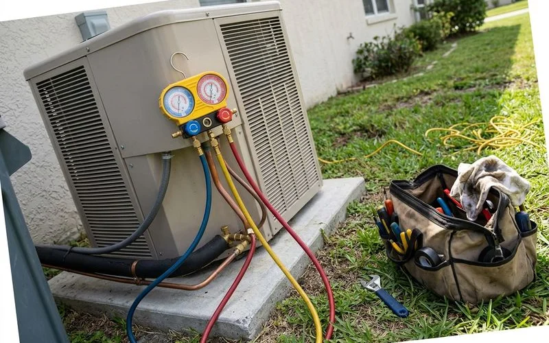 Refrigerant gauges connected to outdoor unit service ports with a tool bag nearby