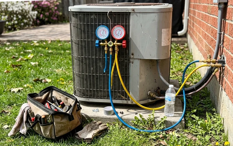 Refrigerant gauges connected to an outdoor unit during a spring tune-up