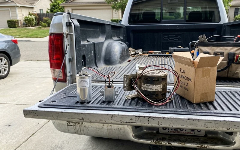 Replacement capacitor, contactor and fan motor laid on a tailgate