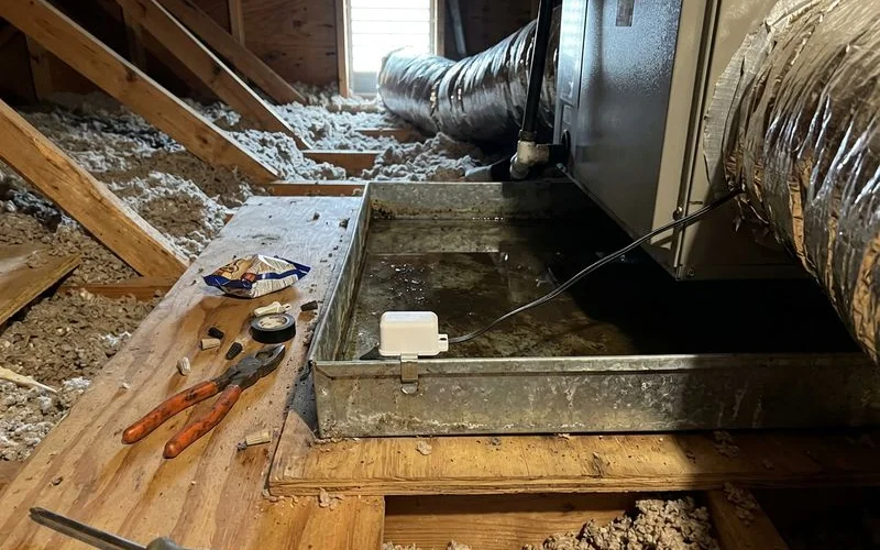 Rusted secondary drain pan under an attic air handler with a float switch