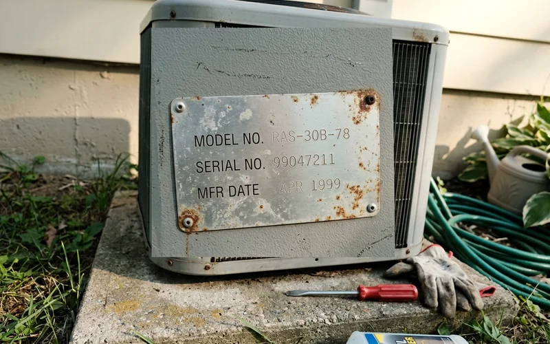 Slightly corroded unit data plate showing the manufacture date