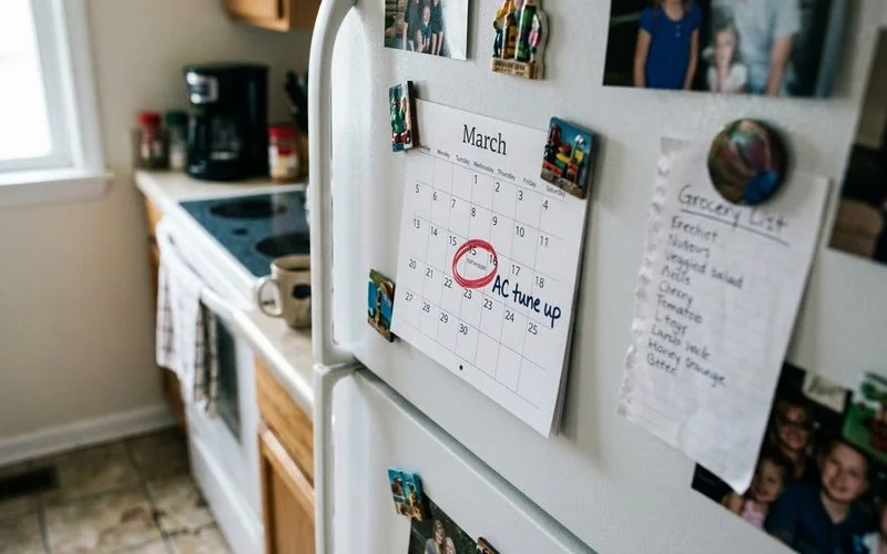 Calendar on a refrigerator with an AC tune-up circled in March